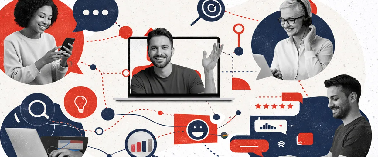 Eine Collage im modernen Grafikstil zum Thema digitale Kommunikation und Kundenbeziehung. Mehrere lächelnde Personen sind in Kreisen oder auf einem Laptop-Bildschirm dargestellt und nutzen verschiedene Geräte wie Smartphones und Headsets. Die Personen sind durch ein Netzwerk aus Linien, Punkten und Symbolen miteinander verbunden, darunter Sprechblasen, Sternebewertungen, Analysediagramme und ein Glühbirnen-Icon. Das Farbschema ist in Rot, Dunkelblau und Weiß gehalten.